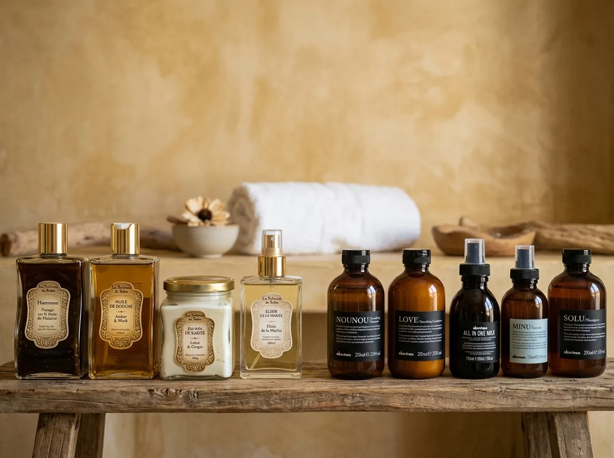 флаконы профессиональной косметики La Sultane de Saba и Davines на полке спа-кабинета, золотисто-бежевый фон